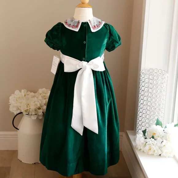 Strasburg Green Dress Cotton Velvet Organza Collar Satin Sash Size 5 NWT - Picture 2 of 6